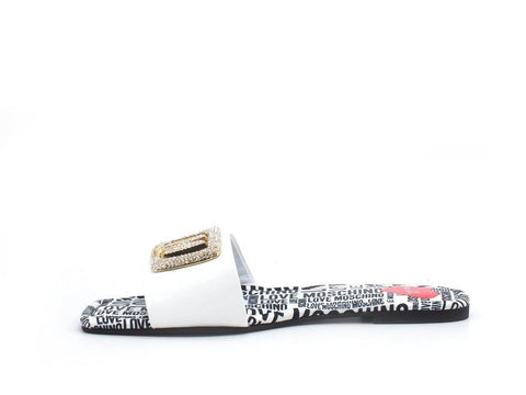 LOVE MOSCHINO Ciabatta Sabot Flat 15 Vernice Strass Logo Bianco JA28231C0CJD0100 - Sandrini Calzature e Abbigliamento