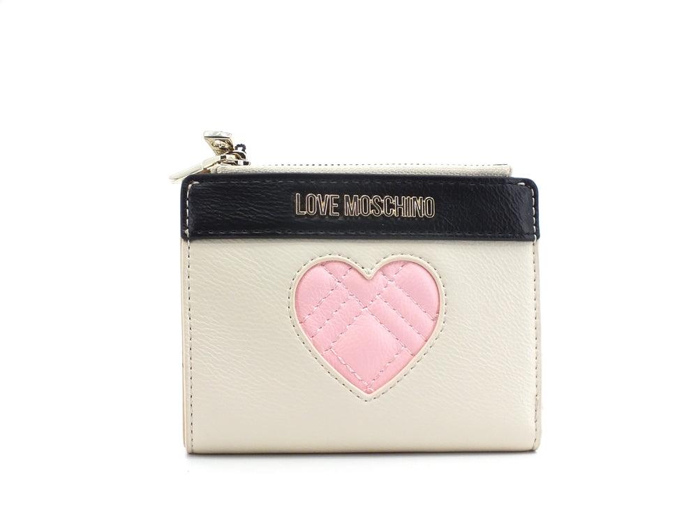 LOVE MOSCHINO Portafoglio Small Double Zip Cuore Avorio Nero Rosa JC5622PP1ELD111A - Sandrini Calzature e Abbigliamento
