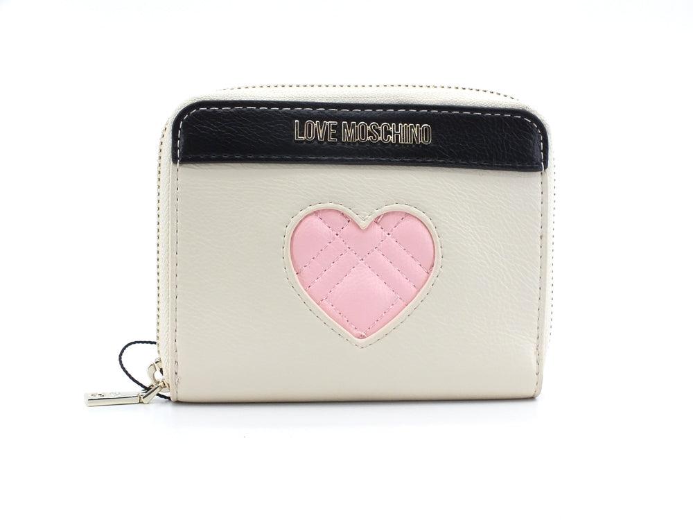 LOVE MOSCHINO Portafoglio Small Zip Around Cuore Avorio Nero Rosa JC5621PP1ELD111A - Sandrini Calzature e Abbigliamento
