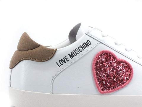 LOVE MOSCHINO Sneaker Cuore Glitter Logo Bianco Nude Rosso JA15402G1EI4110A - Sandrini Calzature e Abbigliamento