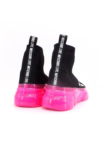 LOVE MOSCHINO Sneaker Elastic Sock Donna Nero Fuxia Fluo JA15463G1GIZC00A - Sandrini Calzature e Abbigliamento