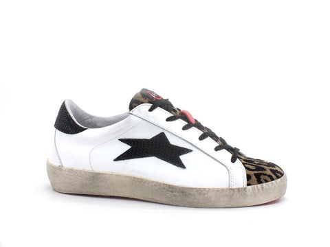 OKINAWA Low Sneaker Star Bianco Nero Leopard 2108 - Sandrini Calzature e Abbigliamento