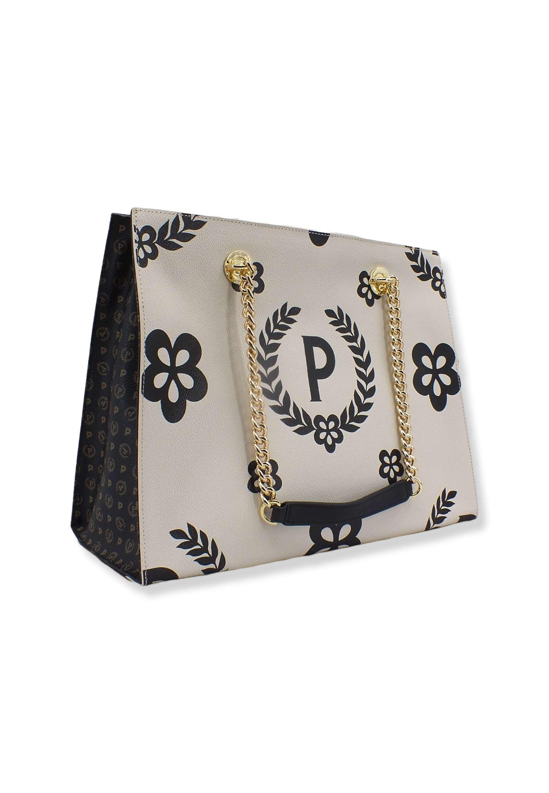 POLLINI Borsa Tote Catena Loghi Bianco Avorio Nero TE8472PP0DQE00C - Sandrini Calzature e Abbigliamento