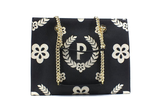 POLLINI Borsa Tote Catena Logo Nero Crema TE8472PP0DQ1E00A - Sandrini Calzature e Abbigliamento
