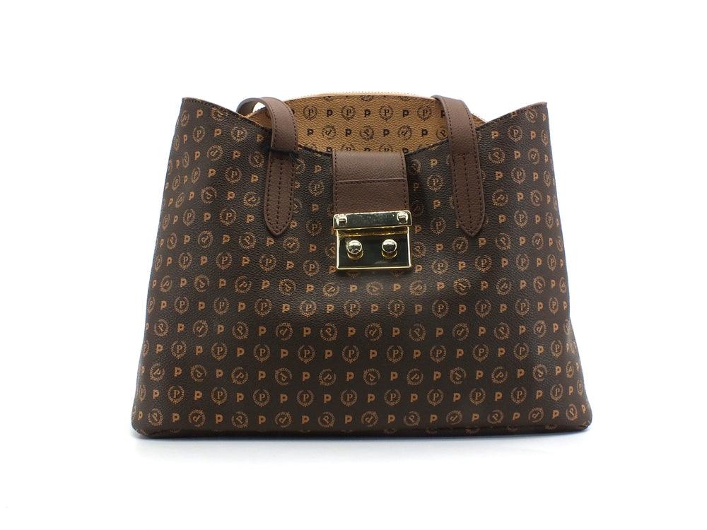POLLINI Borsa Tote Loghi Clutch Marrone Crema TE8451PP0BQ5330A - Sandrini Calzature e Abbigliamento
