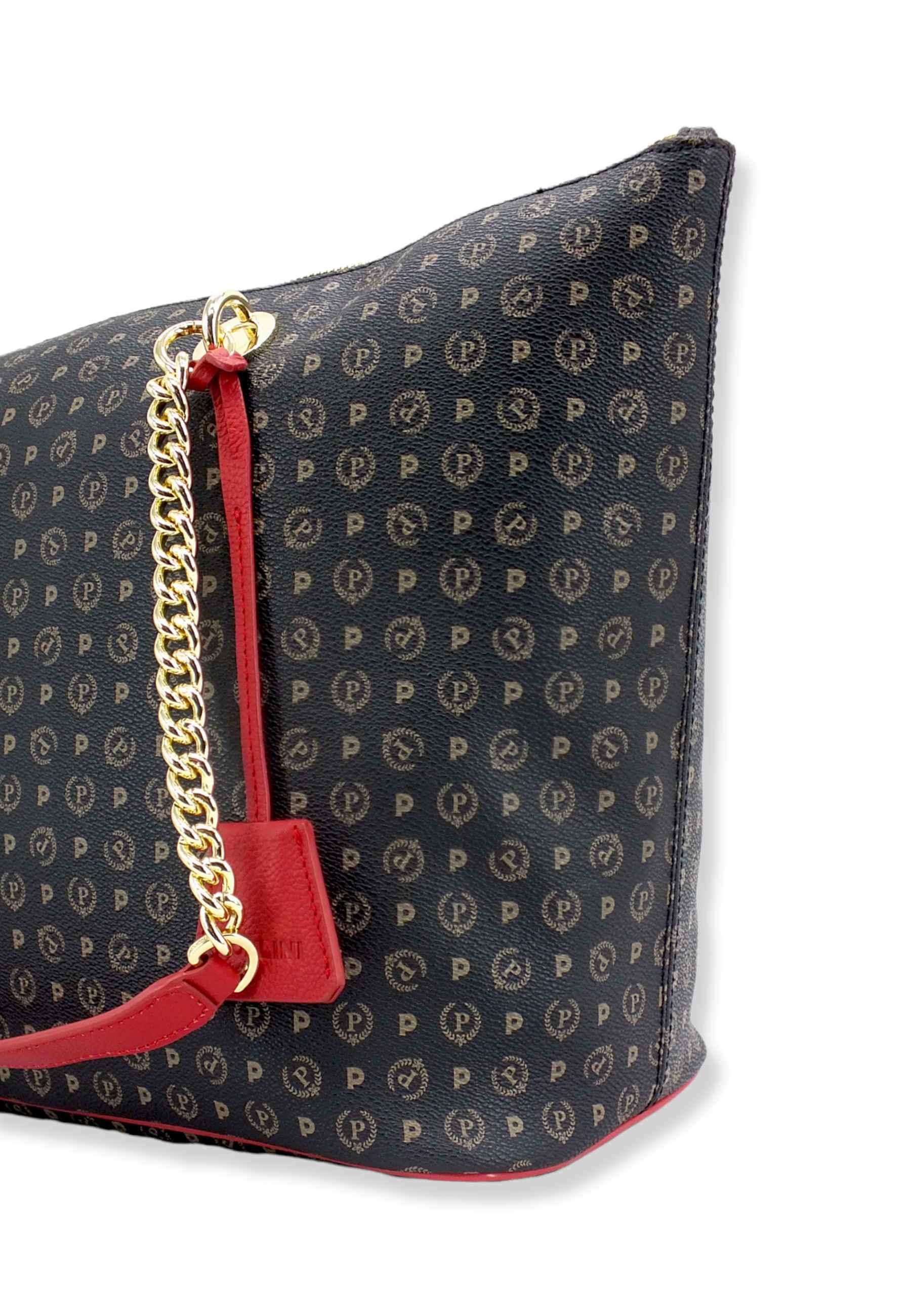 POLLINI Borsa Tote Mid Loghi Zip Nero Rosso TE8410PP02Q1100B - Sandrini Calzature e Abbigliamento