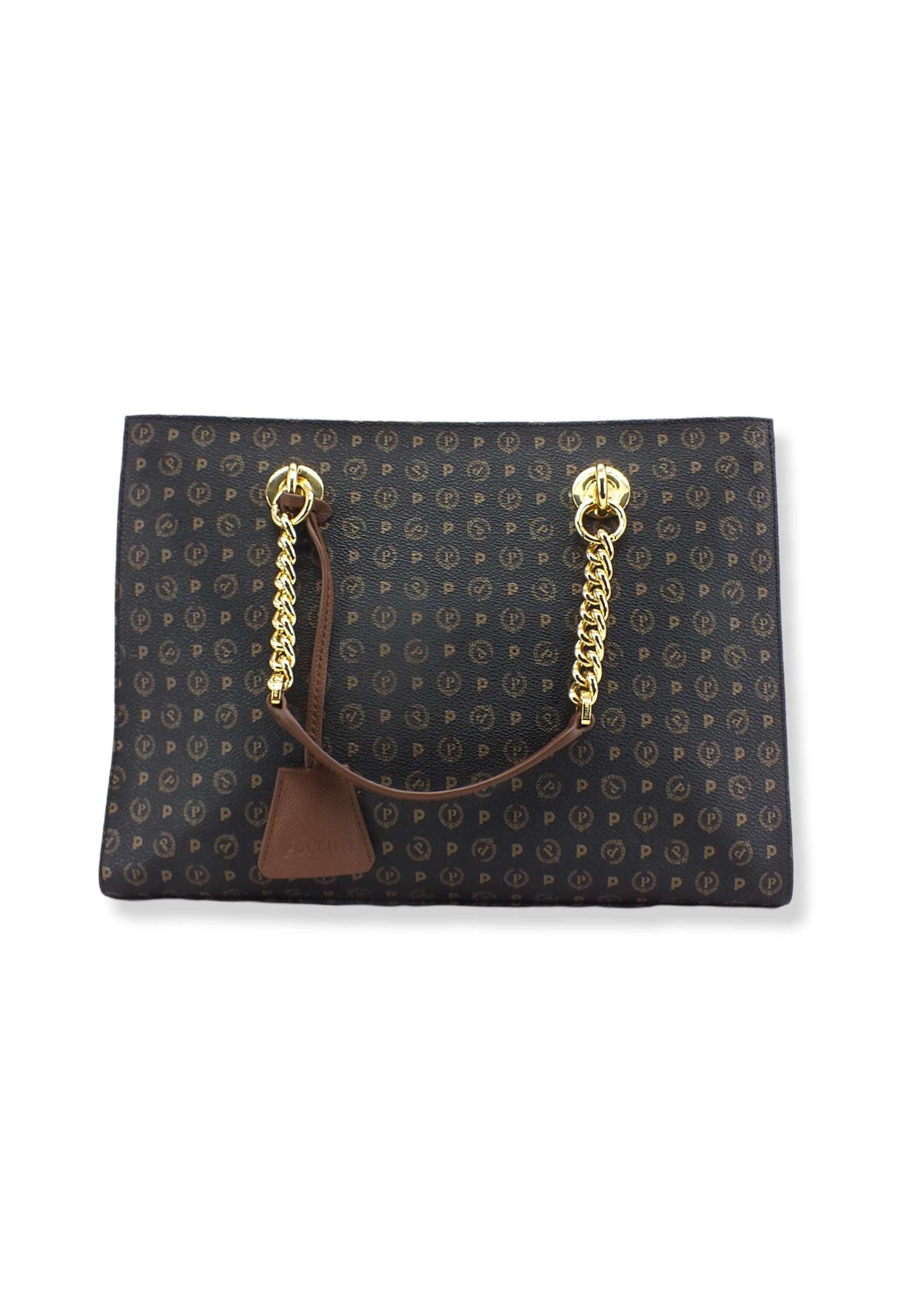 POLLINI Borsa Tracolla Tote Mid Rigida Loghi Nero Marrone TE8406PP02Q1100D - Sandrini Calzature e Abbigliamento