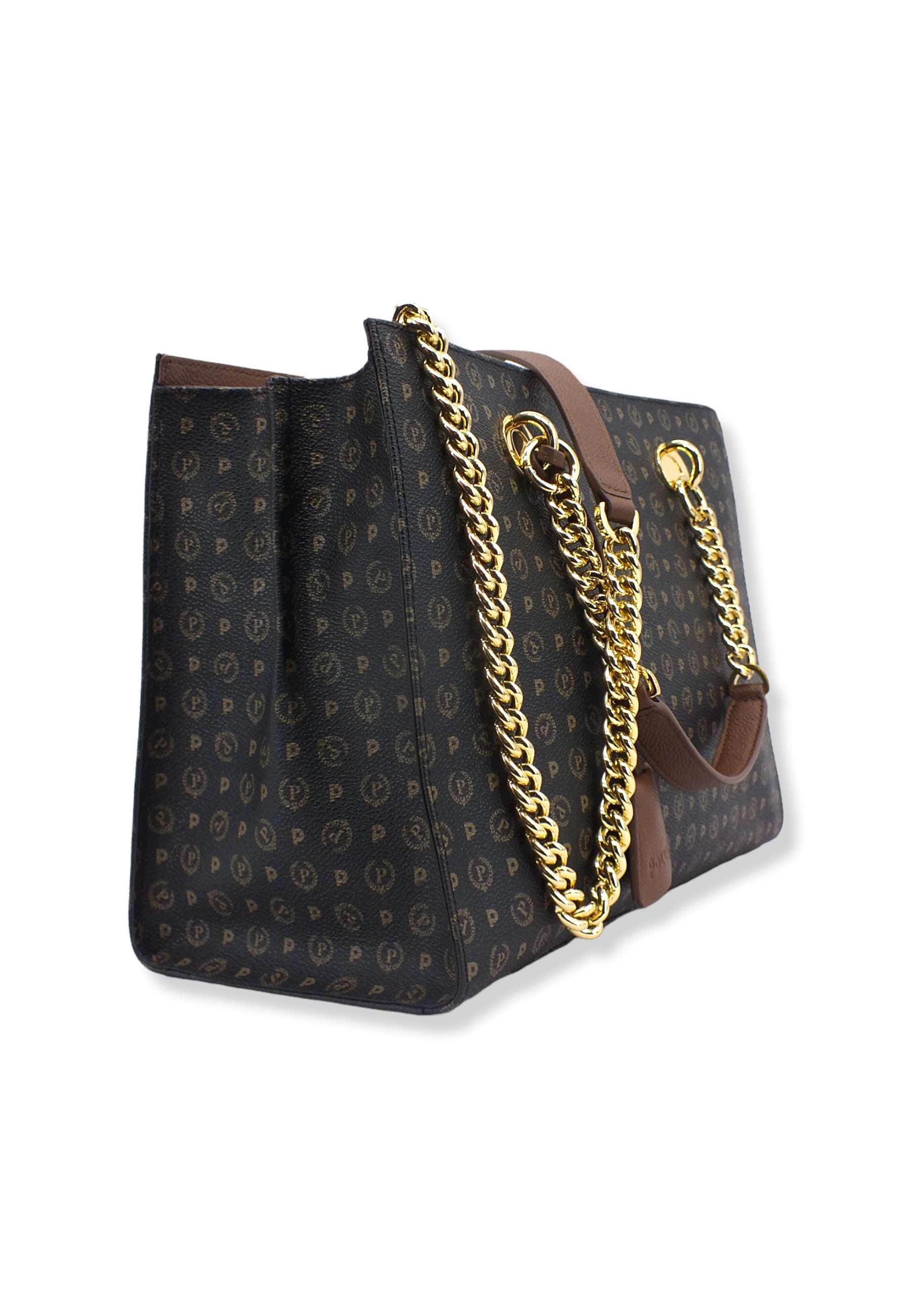 POLLINI Borsa Tracolla Tote Mid Rigida Loghi Nero Marrone TE8406PP02Q1100D - Sandrini Calzature e Abbigliamento