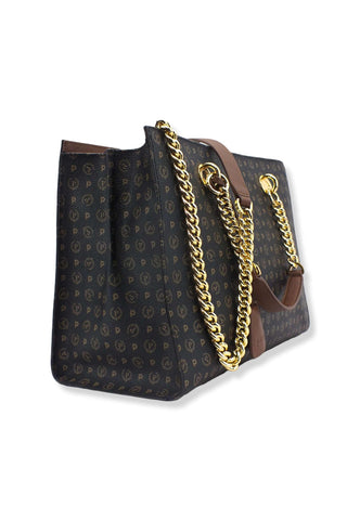 POLLINI Borsa Tracolla Tote Mid Rigida Loghi Nero Marrone TE8406PP02Q1100D - Sandrini Calzature e Abbigliamento