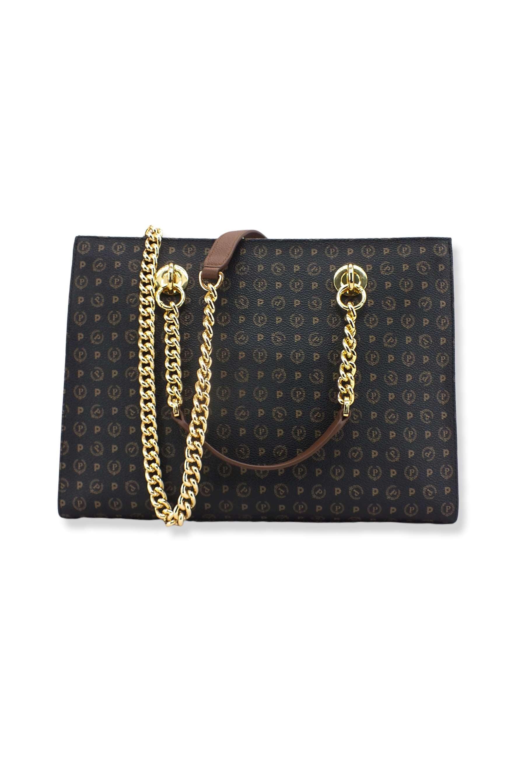 POLLINI Borsa Tracolla Tote Mid Rigida Loghi Nero Marrone TE8406PP02Q1100D - Sandrini Calzature e Abbigliamento