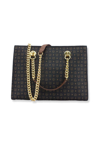 POLLINI Borsa Tracolla Tote Mid Rigida Loghi Nero Marrone TE8406PP02Q1100D - Sandrini Calzature e Abbigliamento