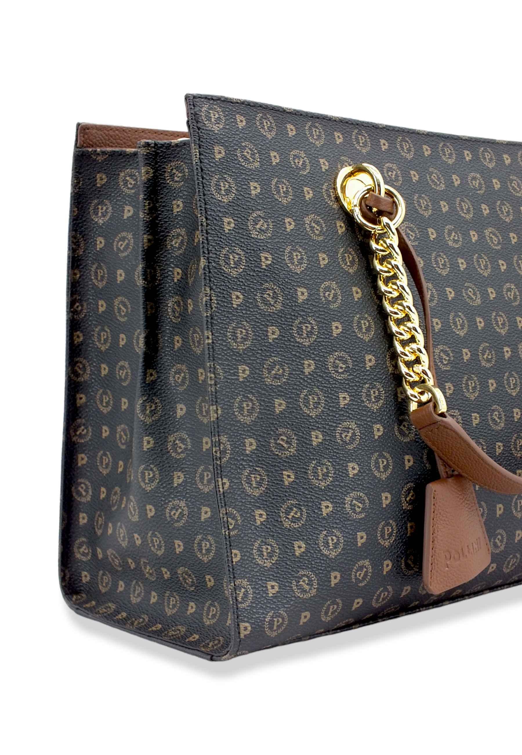 POLLINI Borsa Tracolla Tote Mid Rigida Loghi Nero Marrone TE8406PP02Q1100D - Sandrini Calzature e Abbigliamento