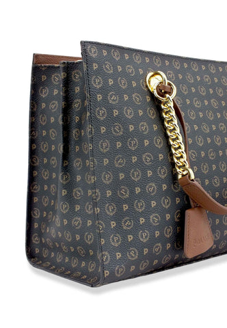 POLLINI Borsa Tracolla Tote Mid Rigida Loghi Nero Marrone TE8406PP02Q1100D - Sandrini Calzature e Abbigliamento
