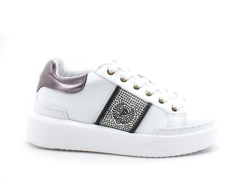 POLLINI Sneaker Retro Logo Strass Bianco Canna di Fucile SA15034G0DXB110B - Sandrini Calzature e Abbigliamento