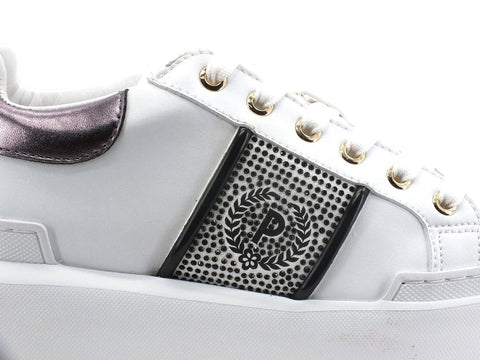 POLLINI Sneaker Retro Logo Strass Bianco Canna di Fucile SA15034G0DXB110B - Sandrini Calzature e Abbigliamento