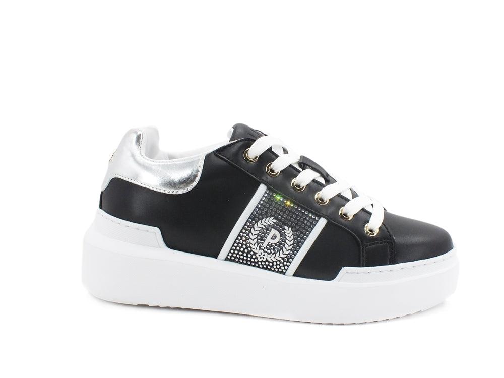 POLLINI Sneaker Retro Logo Strass Black Argento SA15034G0DXB100A - Sandrini Calzature e Abbigliamento