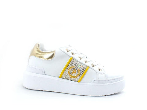 POLLINI Sneaker Strass Loghi Retro Lamè Bianco Oro SA15034G0EXG110B - Sandrini Calzature e Abbigliamento