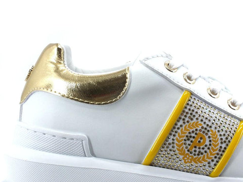 POLLINI Sneaker Strass Loghi Retro Lamè Bianco Oro SA15034G0EXG110B - Sandrini Calzature e Abbigliamento