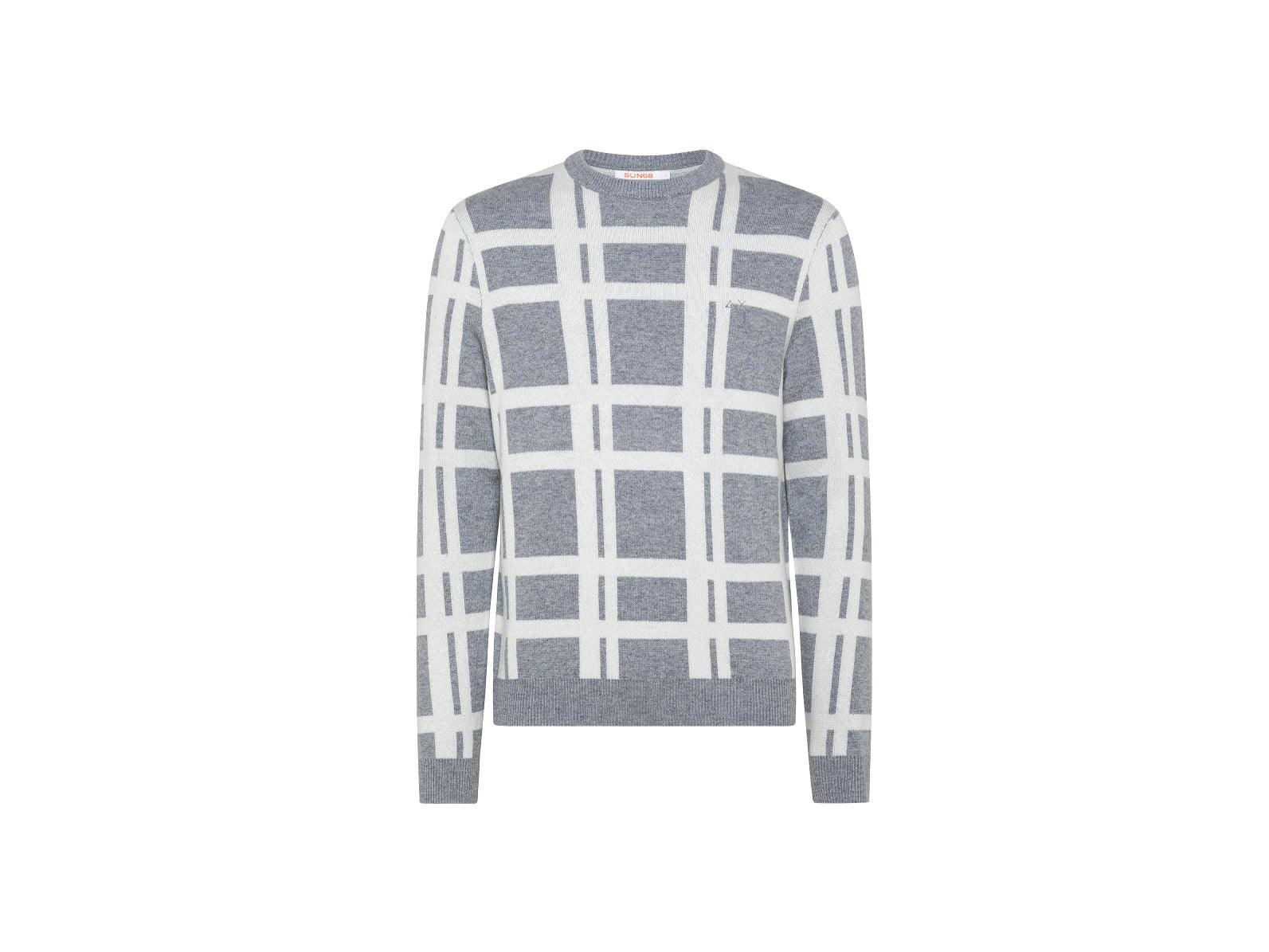 SUN68 Maglione Girocollo Fantasia Geometrica Grigio Chiaro K41136 - Sandrini Calzature e Abbigliamento
