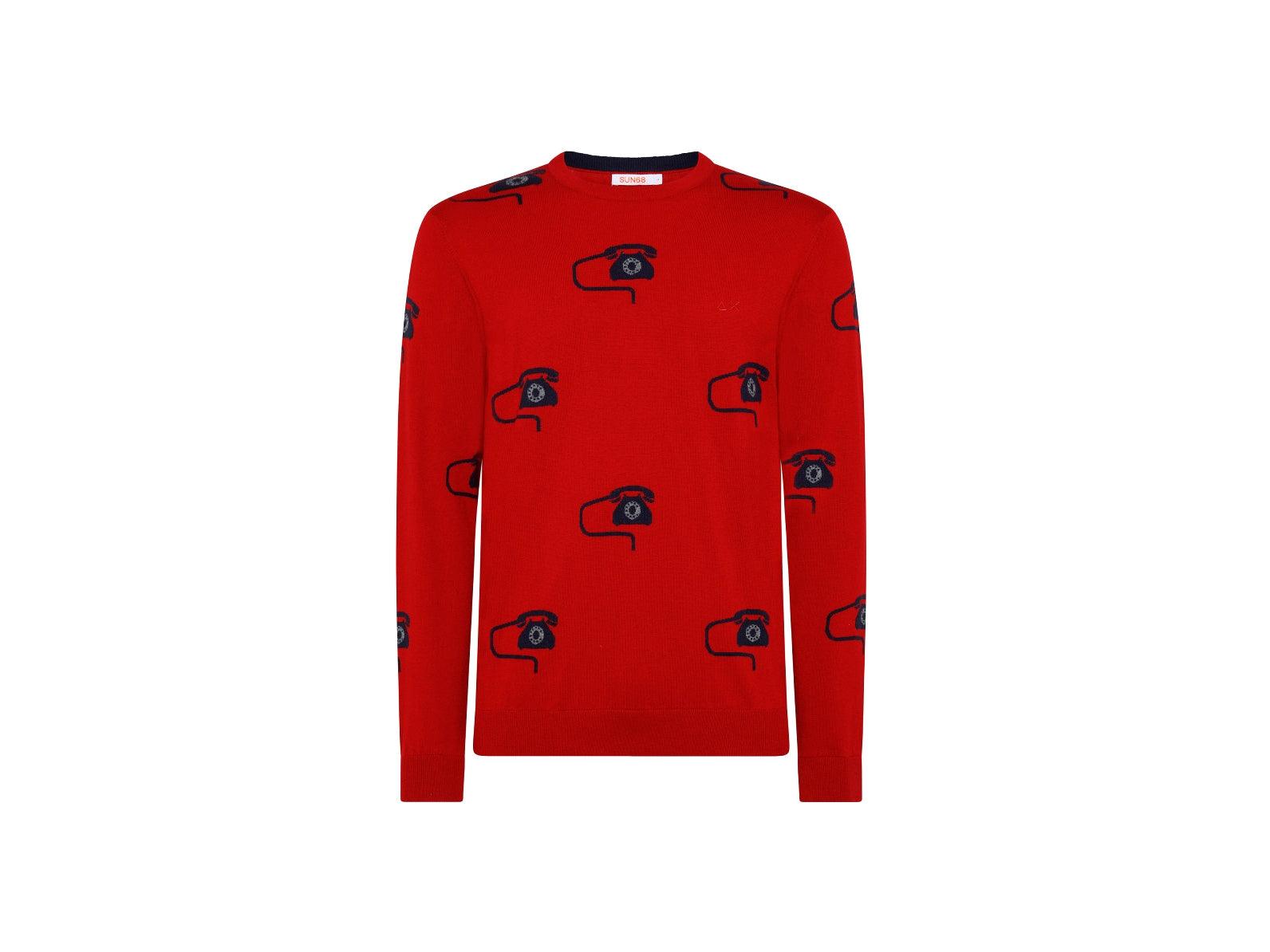SUN68 Maglione Girocollo Fantasia Telefono Rosso Fuoco K41115 - Sandrini Calzature e Abbigliamento