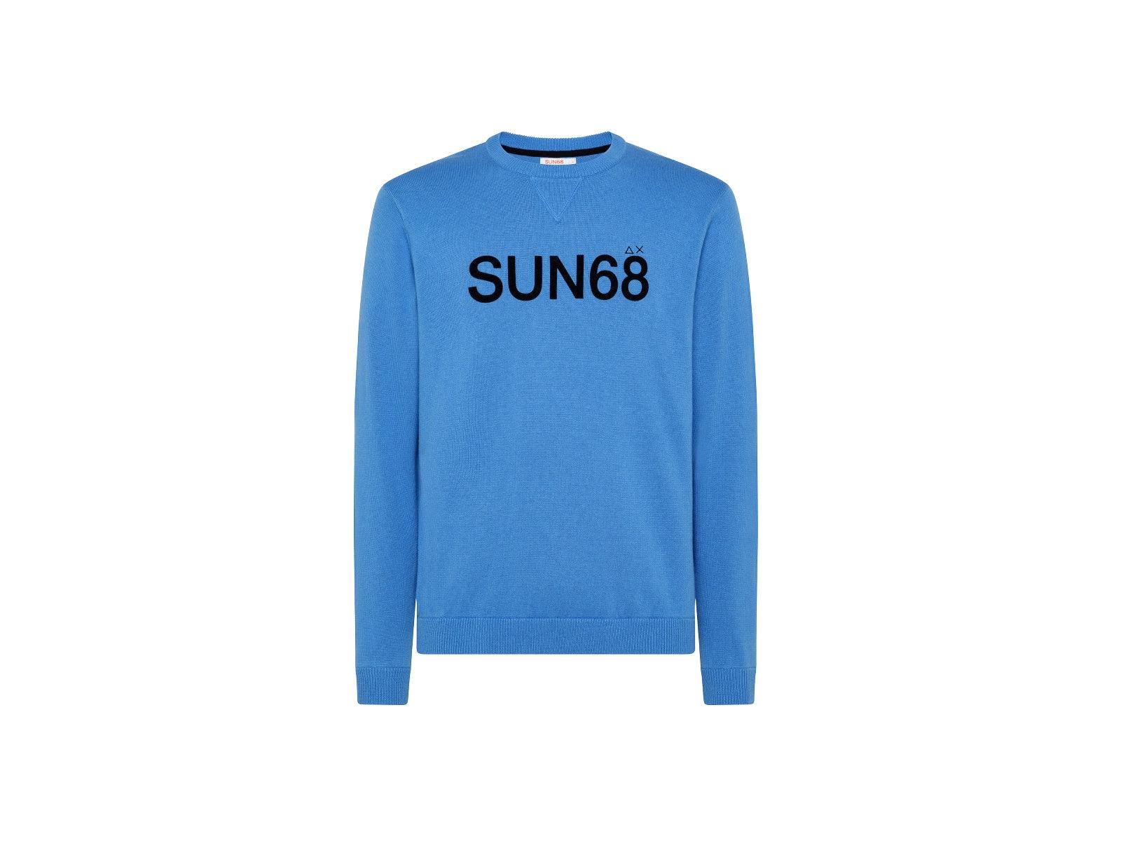 SUN68 Maglione Girocollo Logo Velluto Azzurro K41116 - Sandrini Calzature e Abbigliamento