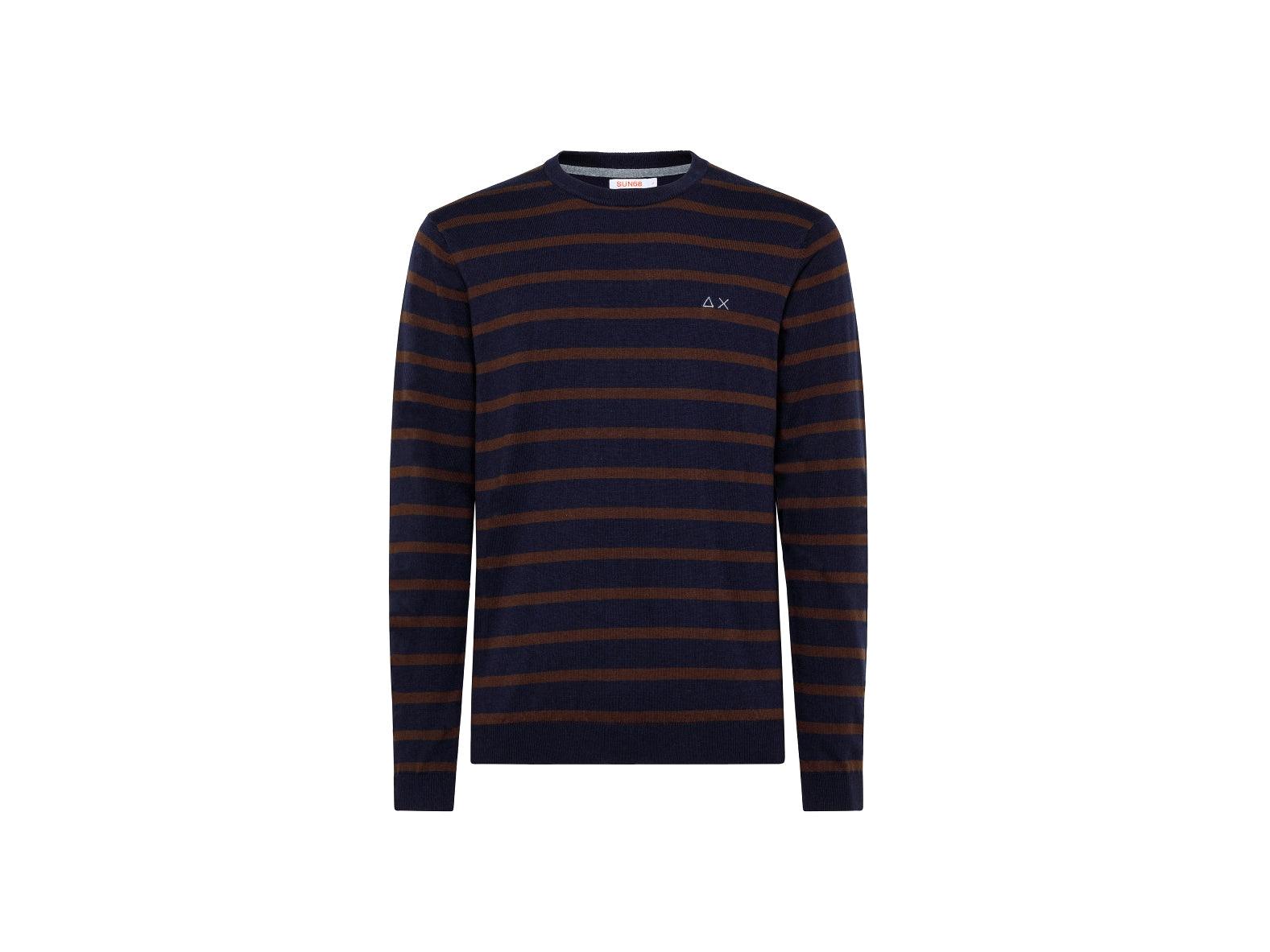 SUN68 Maglione Girocollo Righe Logo Navy Blue Biscotto K41144 - Sandrini Calzature e Abbigliamento