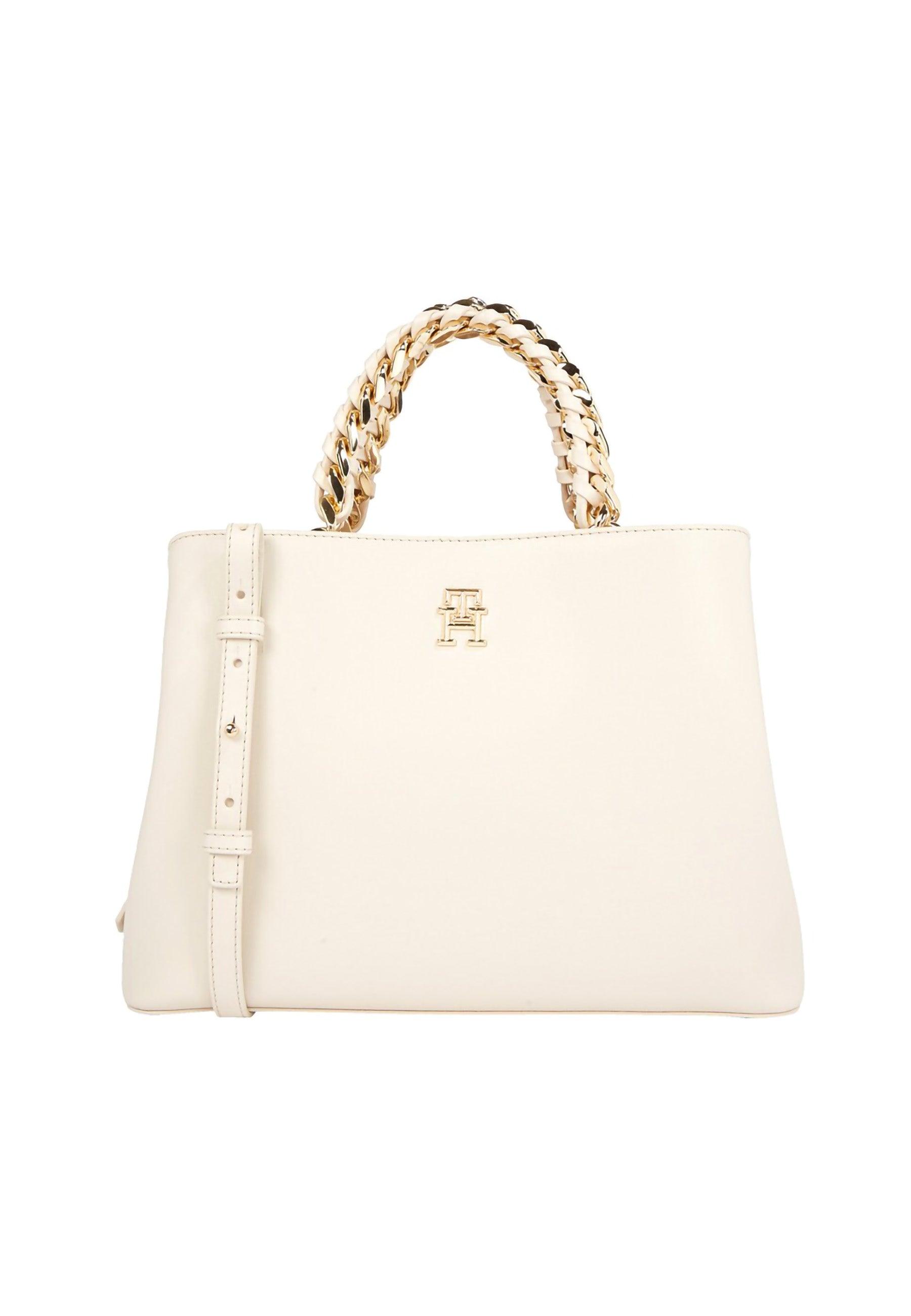 TOMMY HILFIGER Feminine Medium Satchel Beige Sugarcane AW0AW14870 - Sandrini Calzature e Abbigliamento